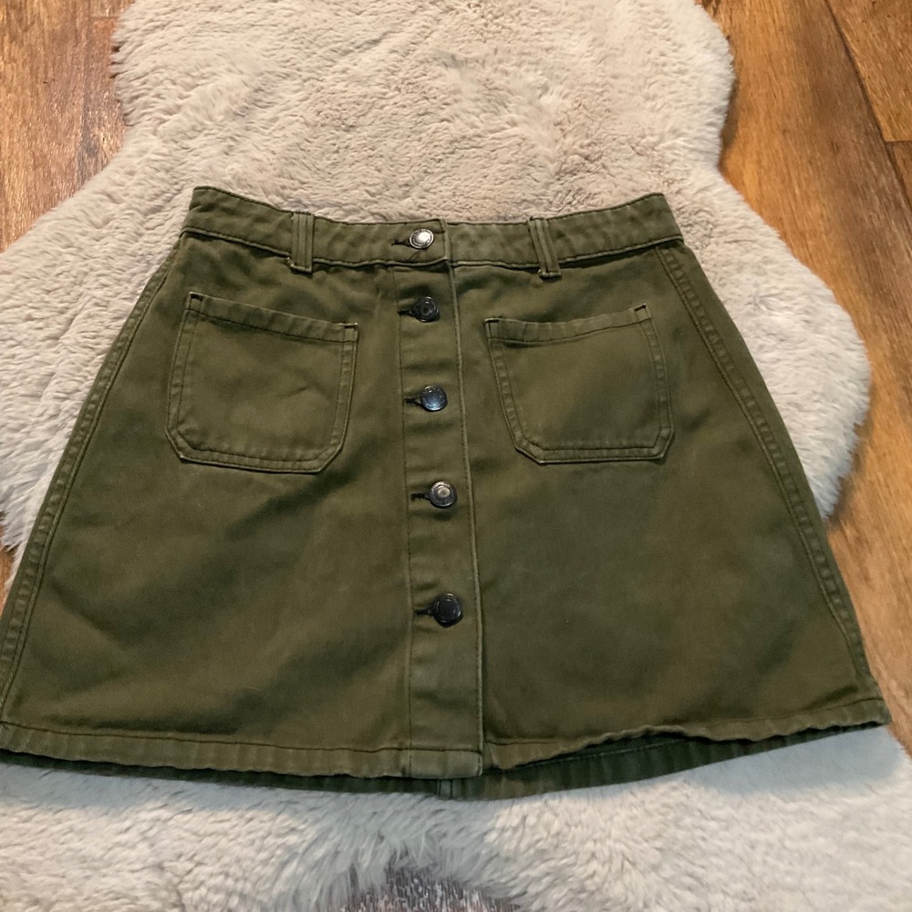 Bershka Skirt Button Front Size 4 Olive Green Front Pockets Denim Mini A Line